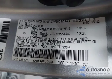 2022 Toyota Tacoma Sr5 V6 from USA, damaged, VIN 3TMDZ5BN6NM139485